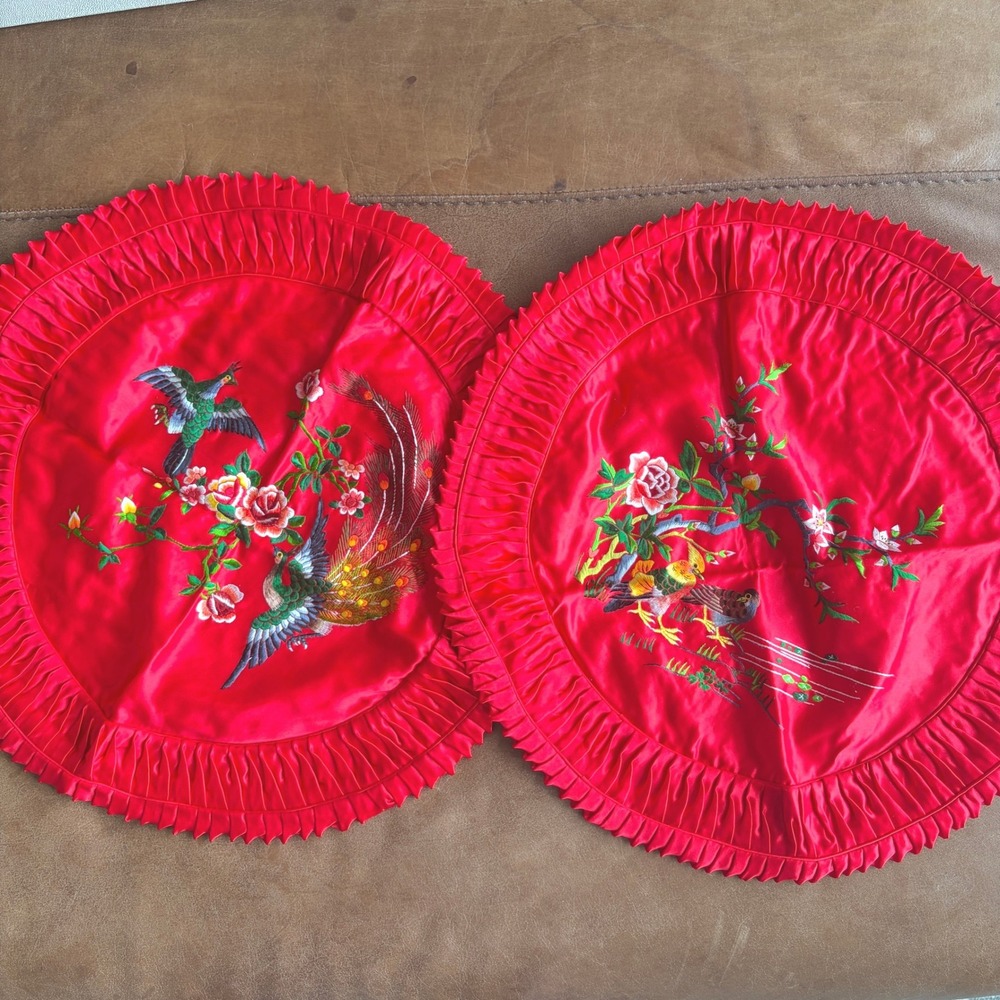 Vintage Red Satin Embroidered Peacock Bird Round Pillow Shams Set of 2 Ruffle